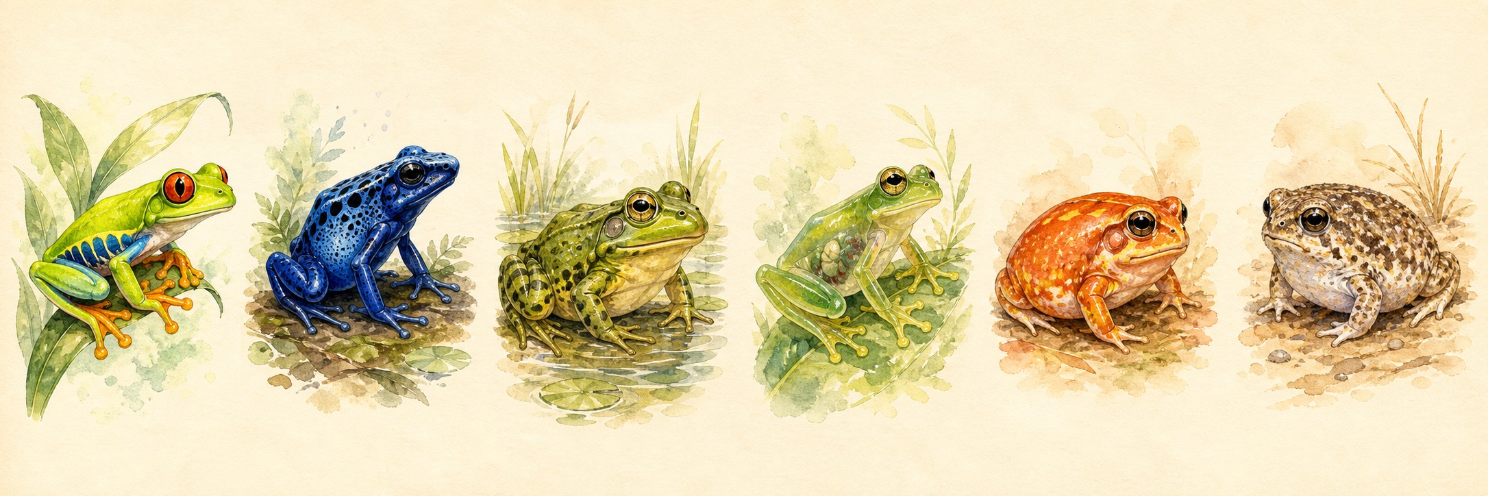 Watercolor illustrations of six different frog species